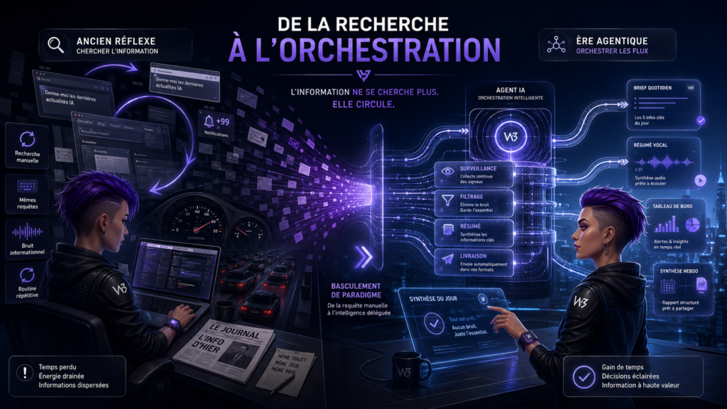 Infographie futuriste illustrant la transition entre la recherche manuelle d’informations et l’orchestration automatisée par des agents IA, avec Cyphia au centre d’un flux intelligent de données.