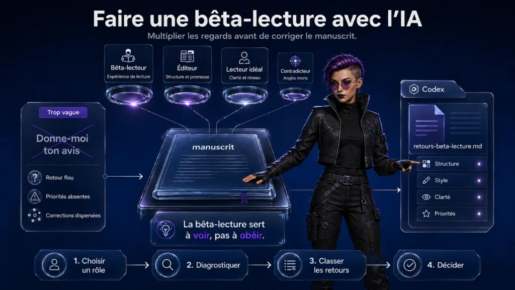 Infographie montrant comment utiliser l’IA pour faire une bêta-lecture d’un manuscrit en mobilisant plusieurs rôles de lecture : bêta-lecteur, éditeur, lecteur idéal et contradicteur.