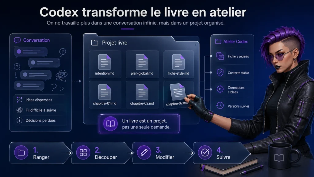 Infographie expliquant comment Codex transforme l’écriture d’un livre en atelier organisé, avec des fichiers séparés, un contexte stable, des corrections ciblées et un suivi des versions.