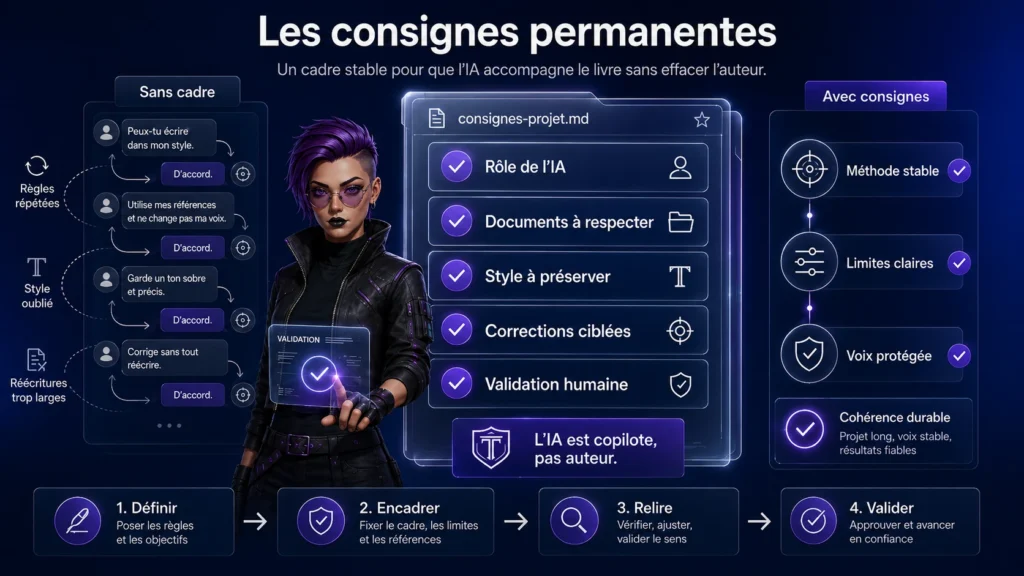 Infographie montrant comment définir des consignes permanentes pour une IA d’écriture afin de préserver le rôle de l’auteur, le style, les références, les limites de correction et la validation humaine.