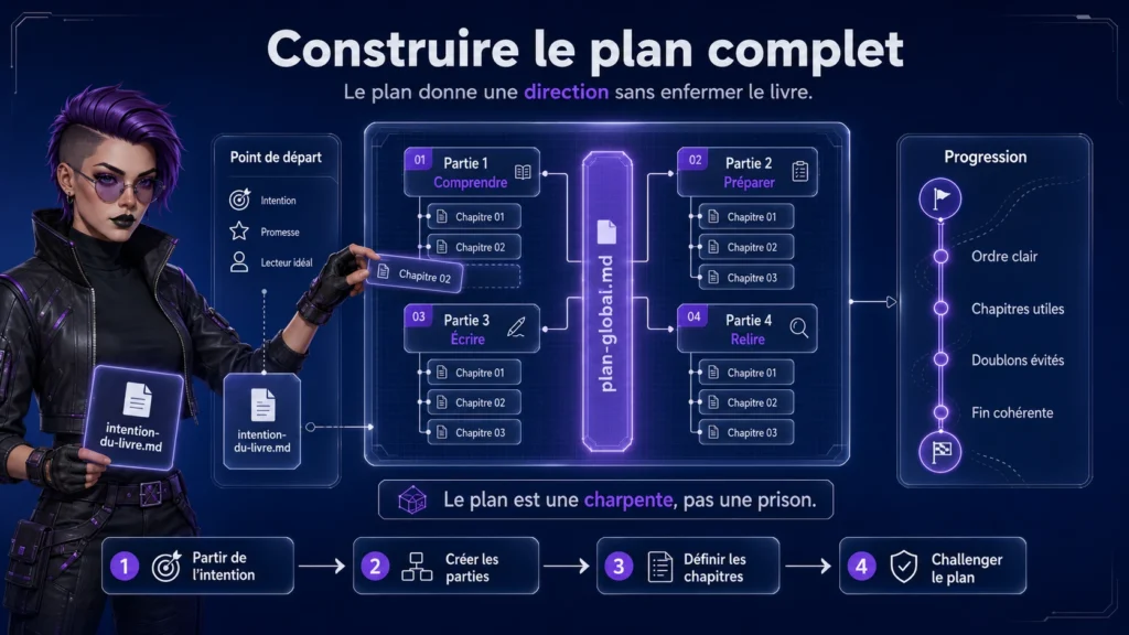 Infographie montrant comment construire le plan complet d’un livre avant la rédaction, à partir de l’intention, des parties, des chapitres et d’une progression claire pour le lecteur.