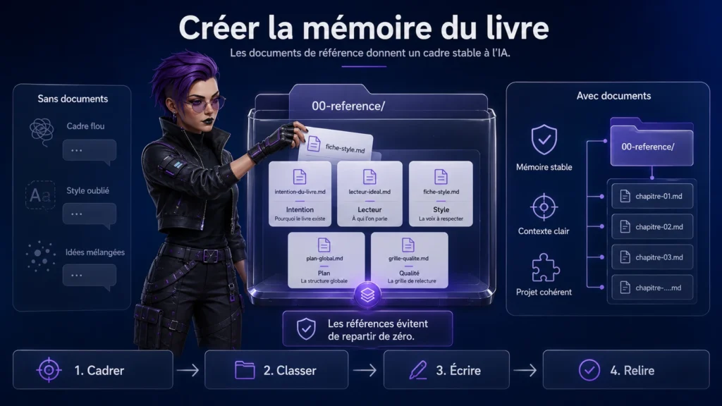Infographie montrant comment créer la mémoire d’un livre avec l’IA grâce à des documents de référence comme l’intention, le lecteur idéal, la fiche de style, le plan global et la grille qualité.