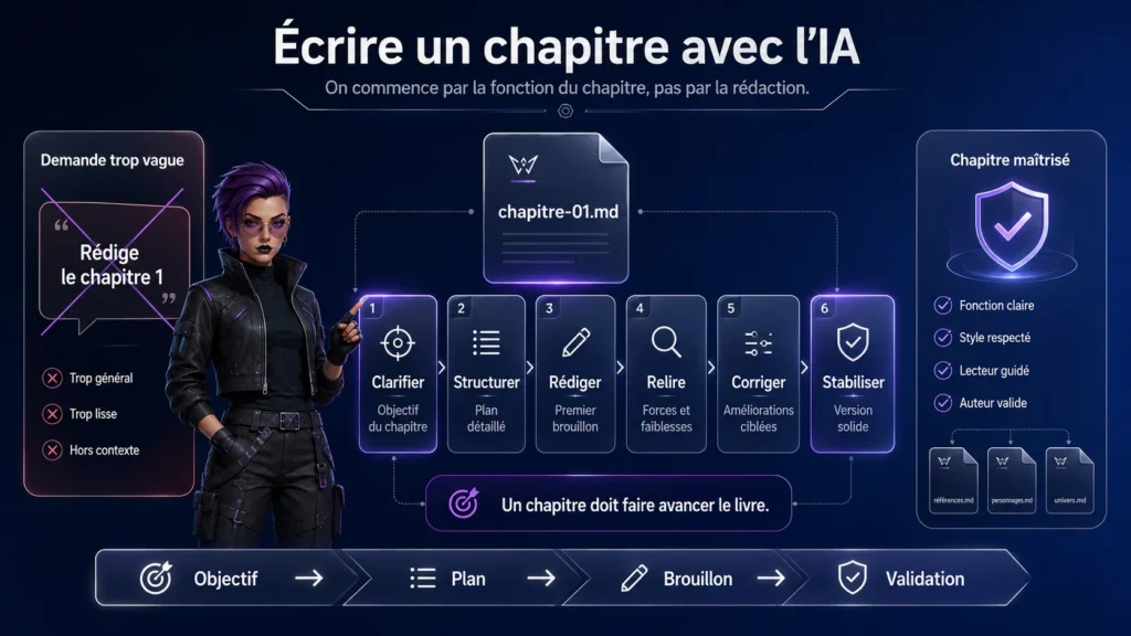Infographie montrant comment écrire un chapitre avec l’IA en suivant une méthode structurée : clarifier l’objectif, construire le plan, rédiger un brouillon, relire, corriger et stabiliser.