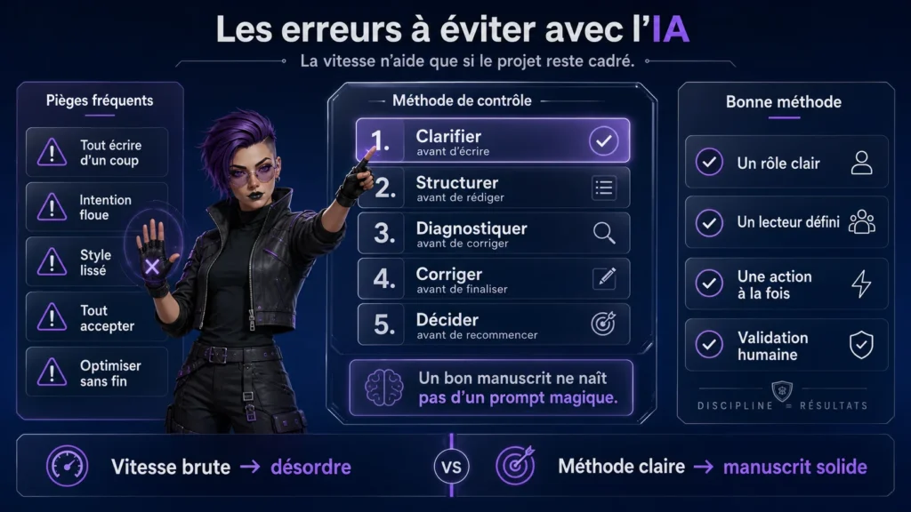 Infographie montrant les erreurs à éviter lorsqu’on écrit un livre avec l’IA : aller trop vite, avoir une intention floue, lisser le style, tout accepter et optimiser sans fin.