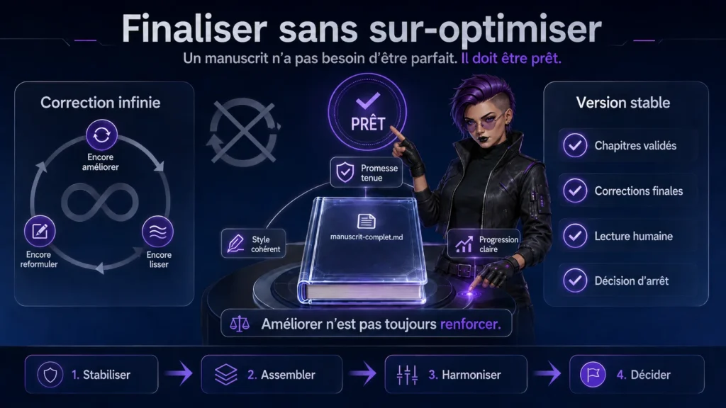 Infographie expliquant comment finaliser un manuscrit avec l’IA sans tomber dans la correction infinie, en stabilisant les chapitres, en harmonisant le texte et en décidant quand le livre est prêt.