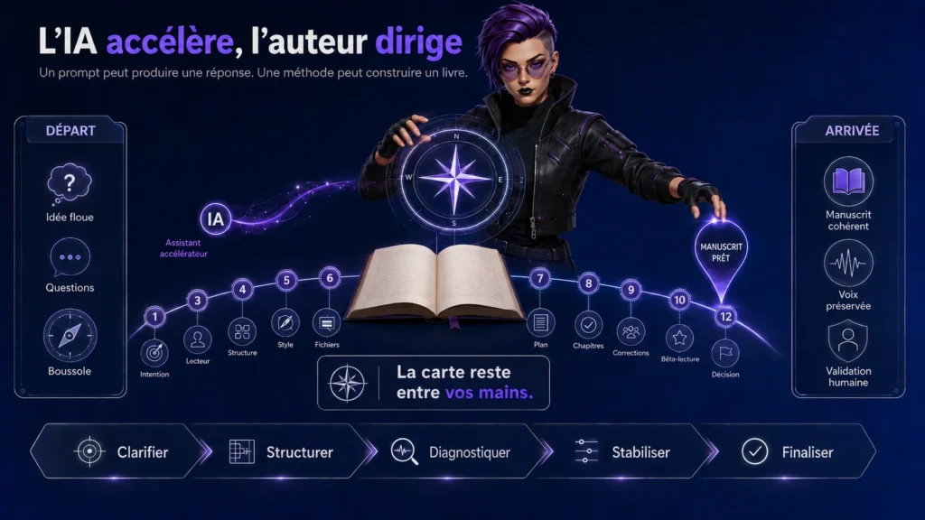 Infographie de conclusion montrant que l’IA accélère l’écriture d’un livre, mais que l’auteur garde la direction, l’intention, le style, les choix et la validation finale.