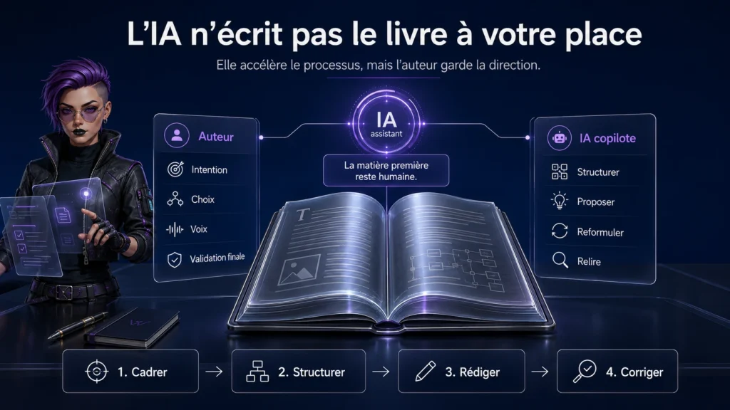 Infographie pédagogique montrant que l’IA n’écrit pas le livre à la place de l’auteur, mais l’accompagne comme copilote pour structurer, proposer, reformuler et relire.