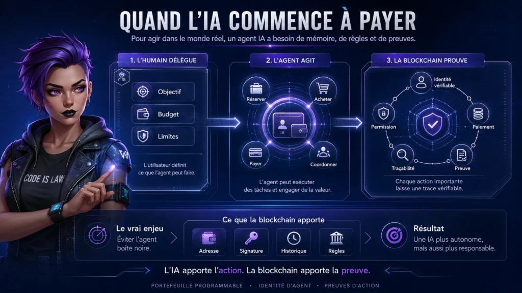 Infographie futuriste expliquant pourquoi les agents IA capables de payer ont besoin de blockchain pour déléguer, agir, vérifier les permissions et conserver une preuve traçable.
