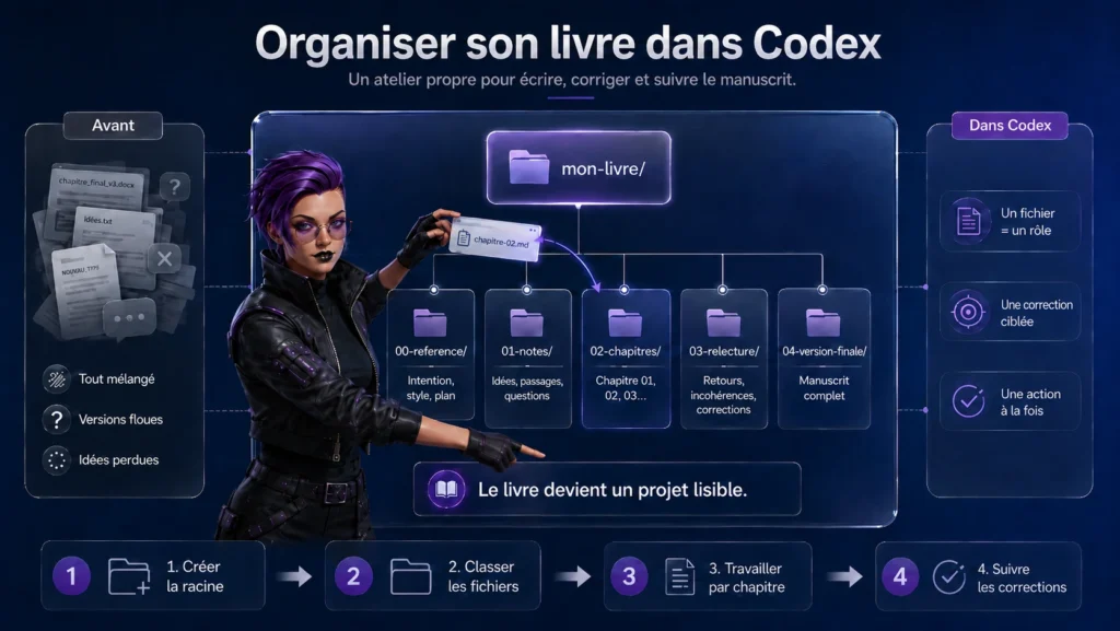 Infographie montrant comment organiser un projet de livre dans Codex avec un dossier racine, des références, des notes, des chapitres, une relecture et une version finale du manuscrit.