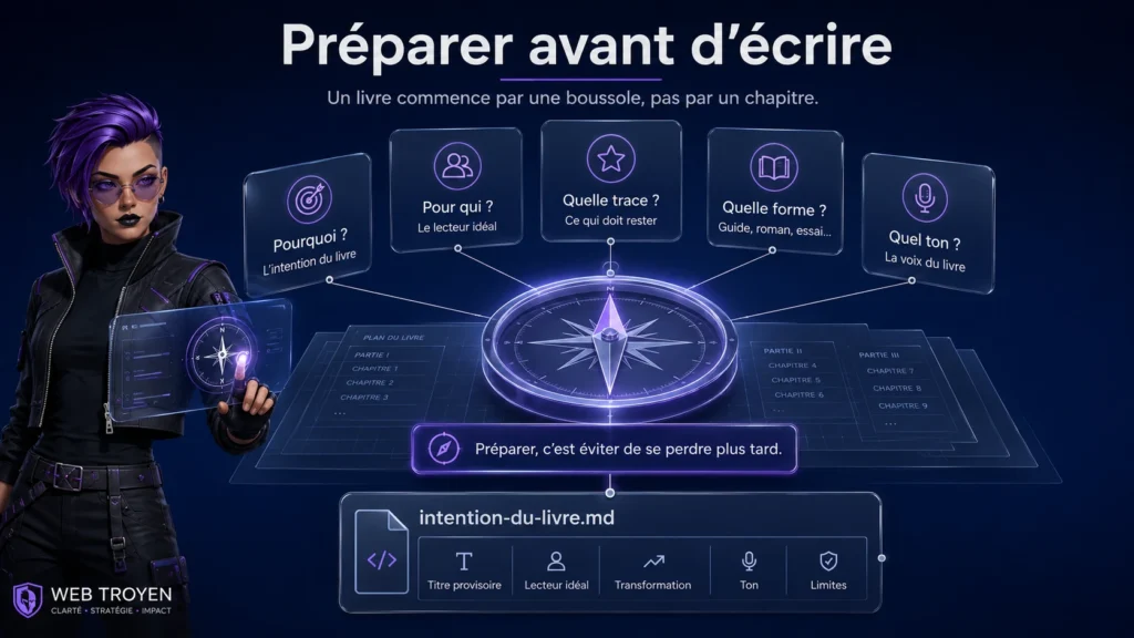 Infographie expliquant comment préparer un projet de livre avant d’écrire avec l’IA, en définissant l’intention, le lecteur idéal, l’impact recherché, le format et le ton.